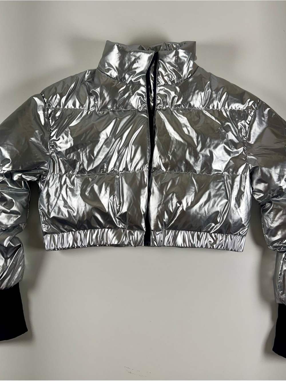 SHEIN Metallic Silver Cropped Puffer Jacket